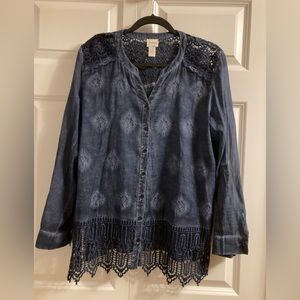Chico’s Dark Blue long sleeve top with cotton lace trim, Size 1